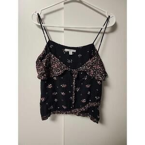 American Eagle Outfitters Tank Top Women Xs Black Floral Print Tiered Cropped